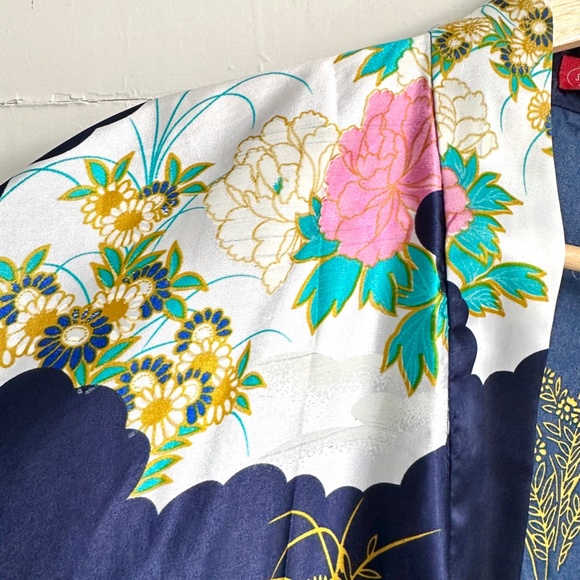 Vintage Robe Long Geisha Kimono Silver Dragon Blue De Oriental Small Medium - Picture 12 of 16